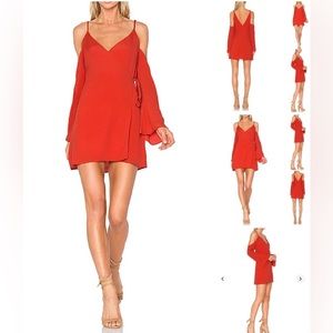 Lover’s + Friends, Red wrap mini dress, cold-shoulder, bell-sleeves